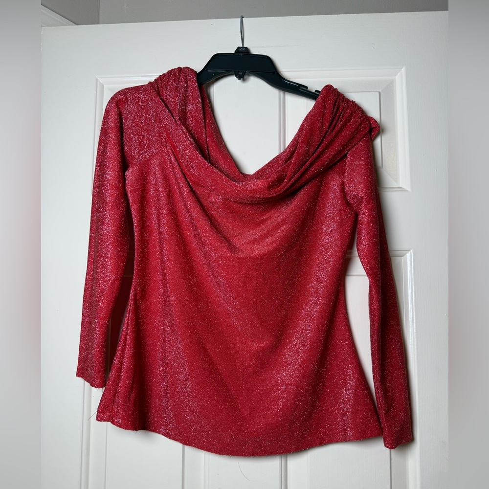 NY&C Lena Red‎ Cowl Neck Glitter Metallic Top